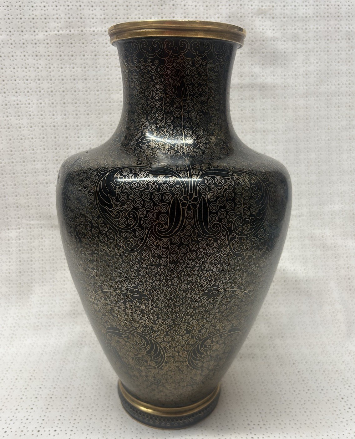 Antique VTG Chinese Rare Large Black Cloisonné Vase 12 7/8  Read Description