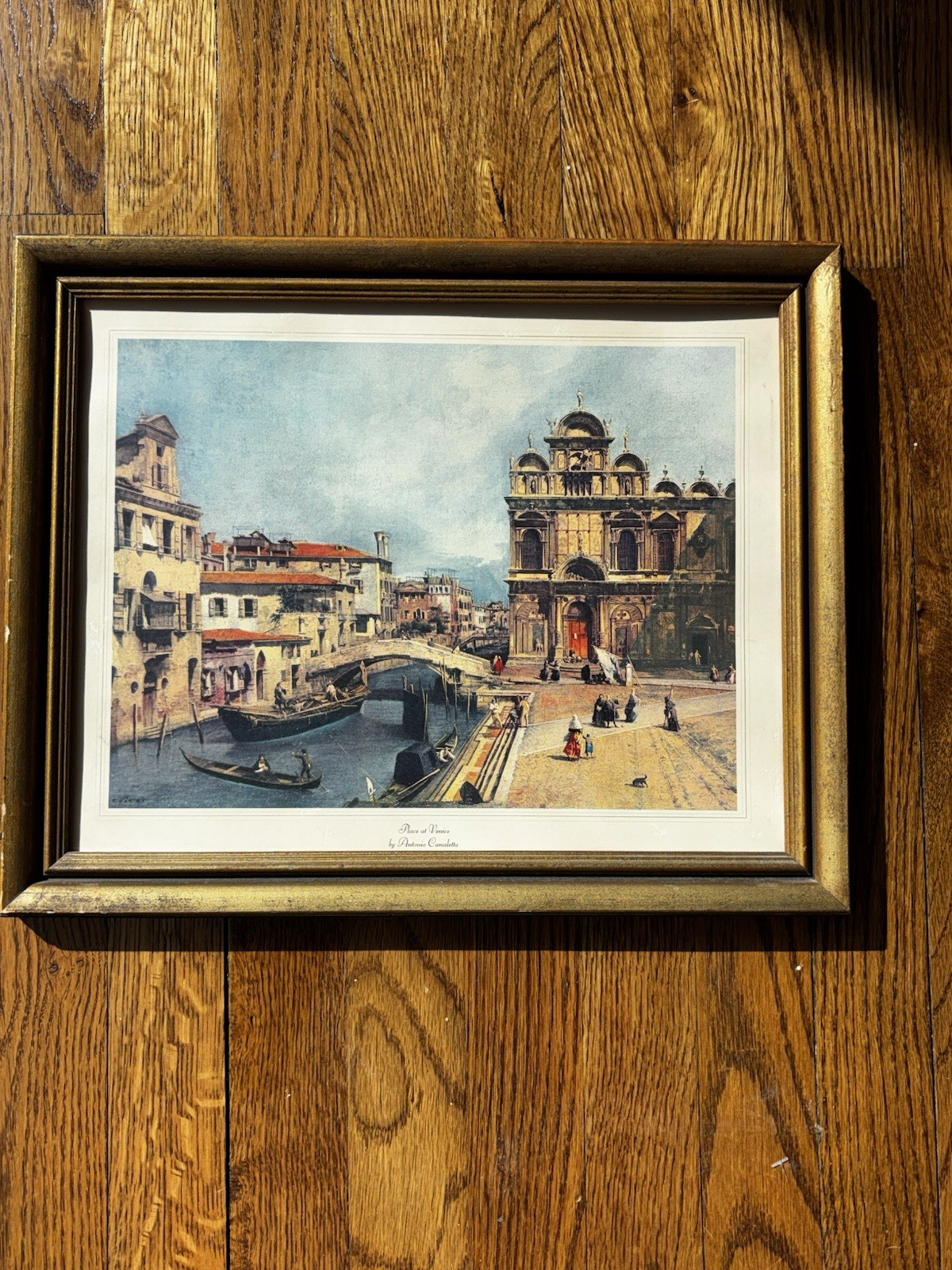 Vintage MCM Art Print Gold Frame Place at Venice midcentury decor Italy painting