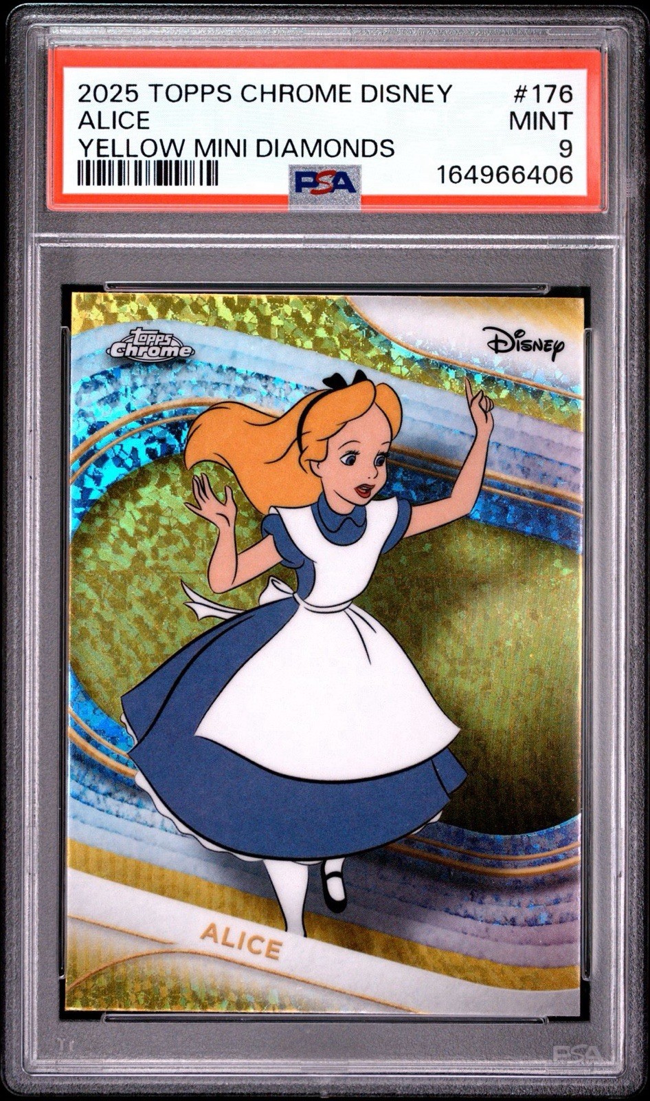 2025 Topps Chrome Disney Alice Yellow Mini Diamond Refractor #176 PSA 9 Low POP