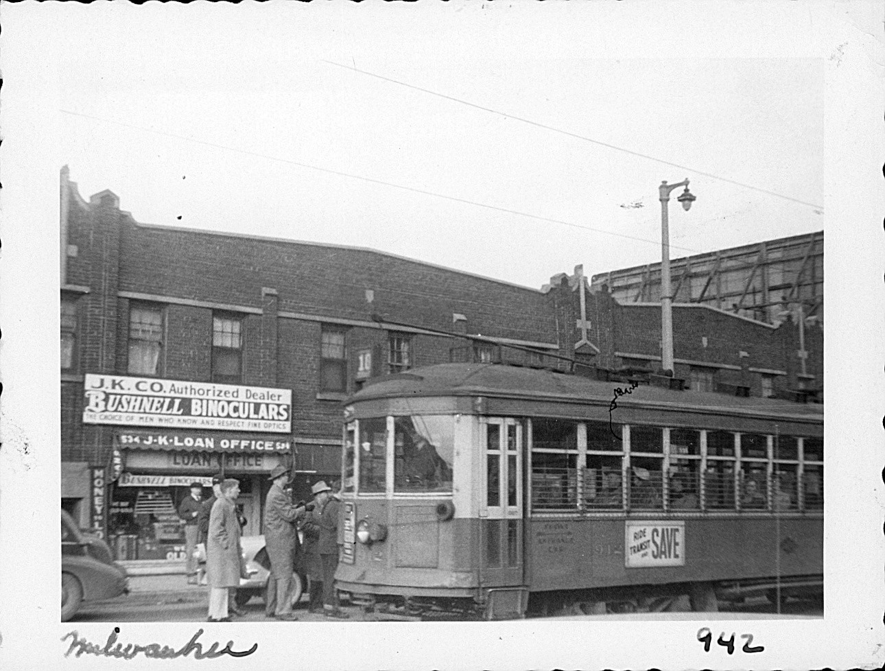 Vtg B&W Snapshot Milwaukee Trolley Streetcar City Street Scene Binoculars 1950s