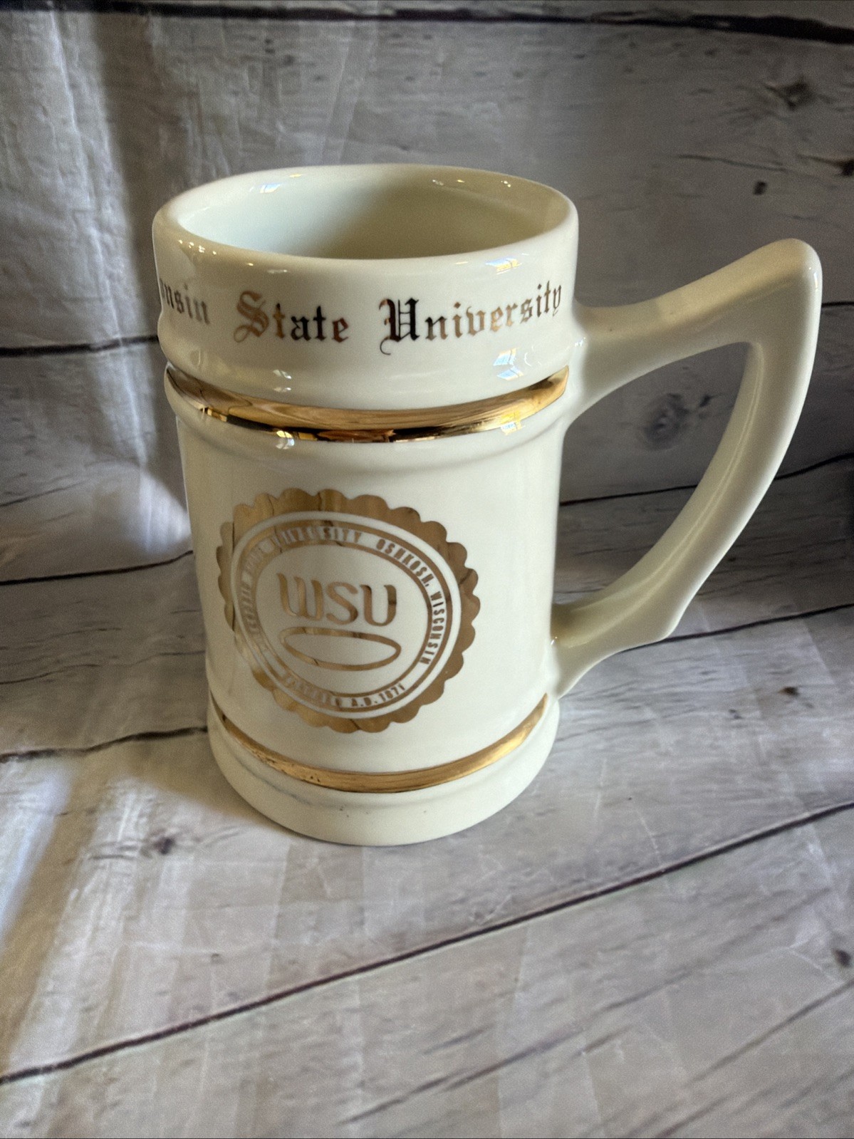Vintage Wisconsin State University Oshkosh WSU Beer Stein Mug Gold Trim 1960s
