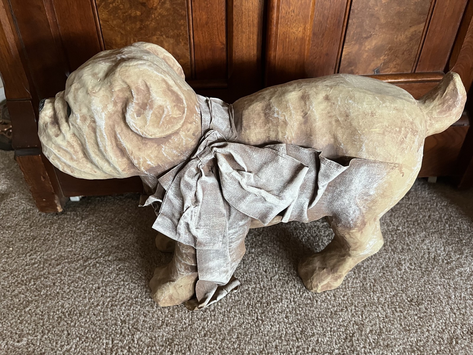 Large Paper Mache BULL DOG w RIBBON Hand Made & Hand Painted Figurine 18