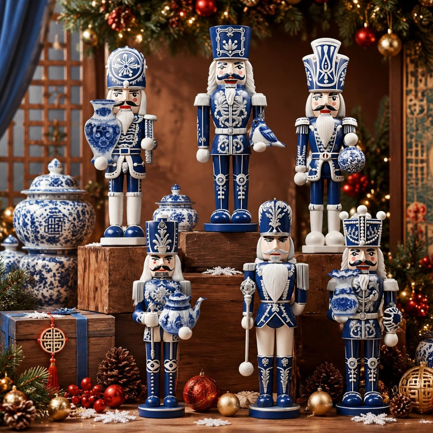 6 Pcs Wooden Nutcracker, Blue and White Christmas Decor, 5.9''