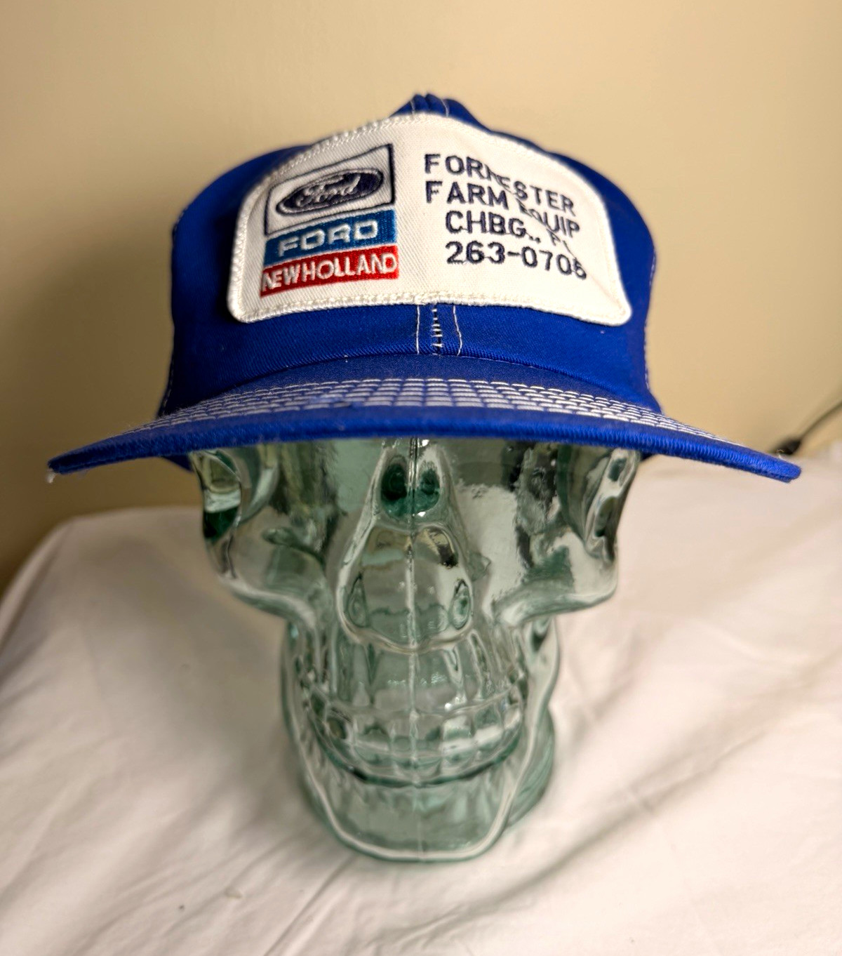 Vintage New Holland Blue/White Mesh Ford Snapback Trucker Hat Farm Equipment 
