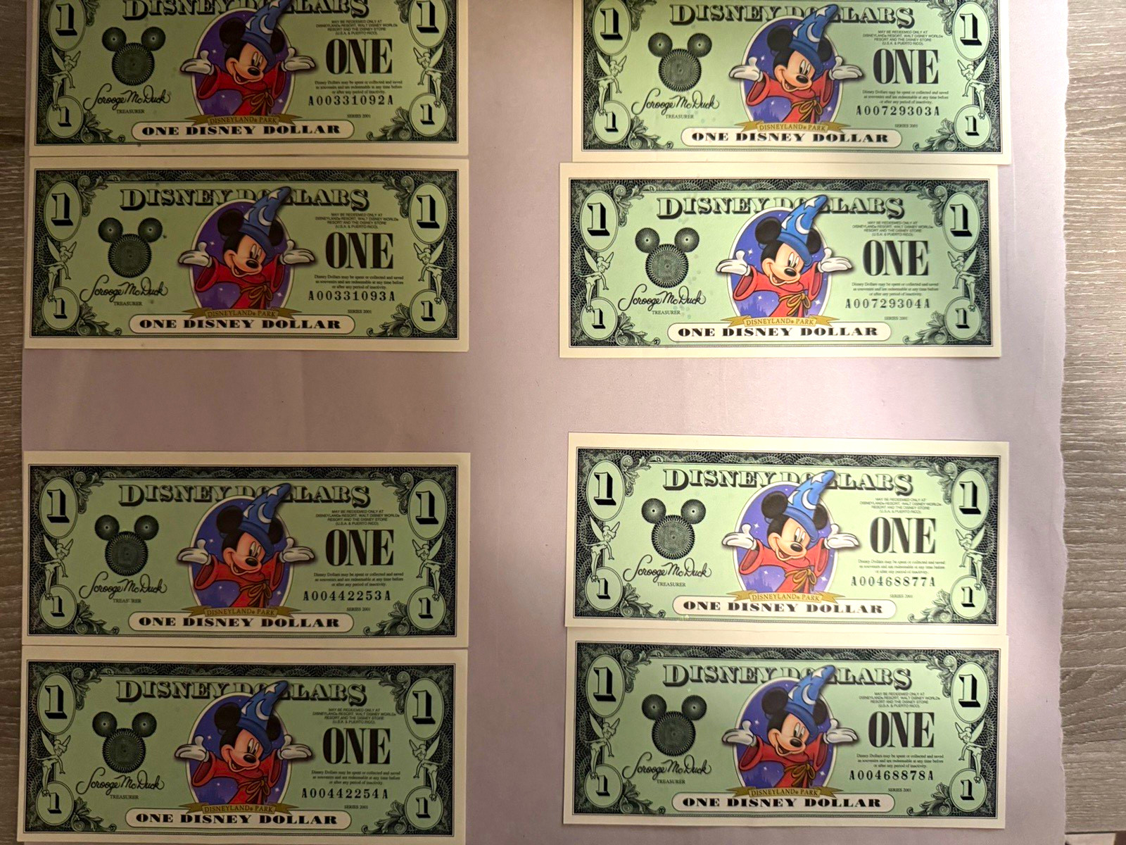 Disney $1 Disney Dollars Notes 2001 Series Mickey Mouse Lot of 8