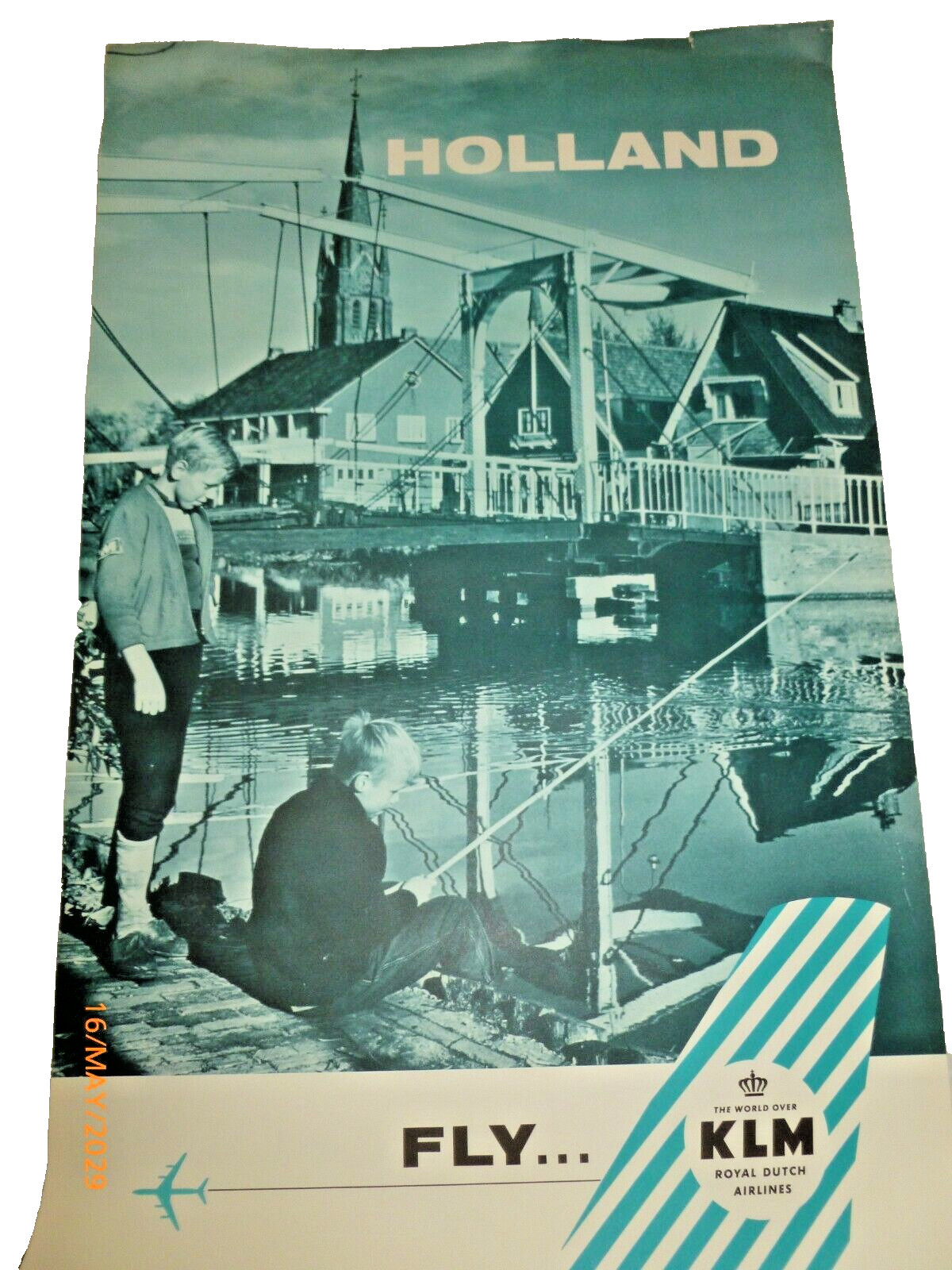 Vintage 1960s KLM Royal Dutch Airlines Holland Boys Fishing Teal Art Poster