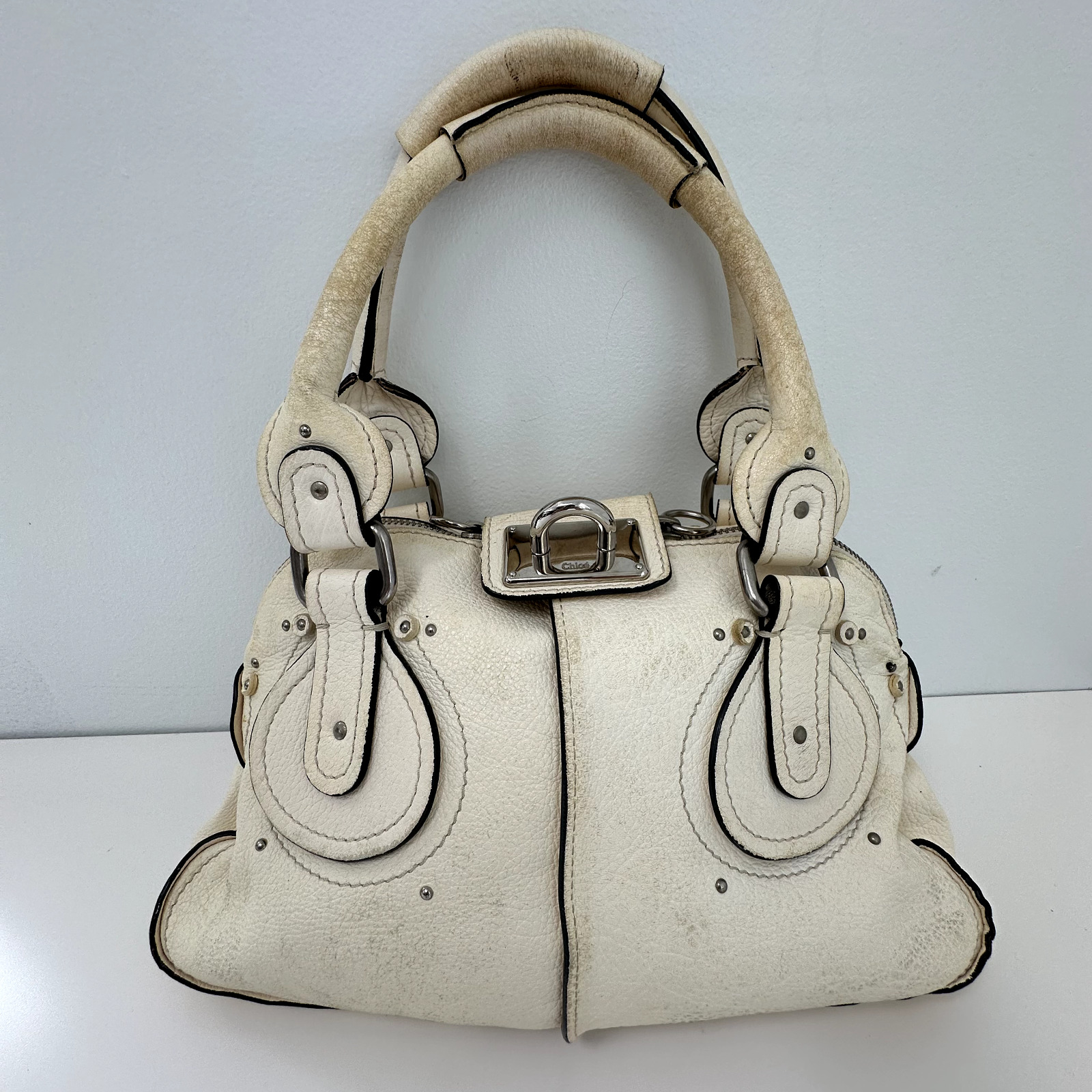 Chloe Purse Paddington White Beige Leather Handbag Shoulder Bag NO LOCK