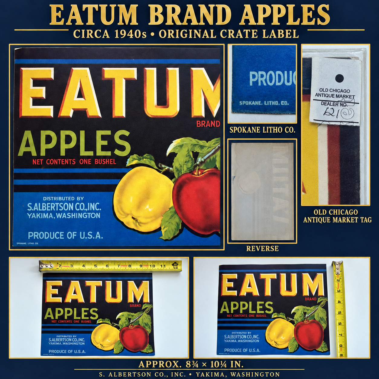 1940s EATUM Apples Crate Label S Albertson Yakima Spokane Litho Original USA