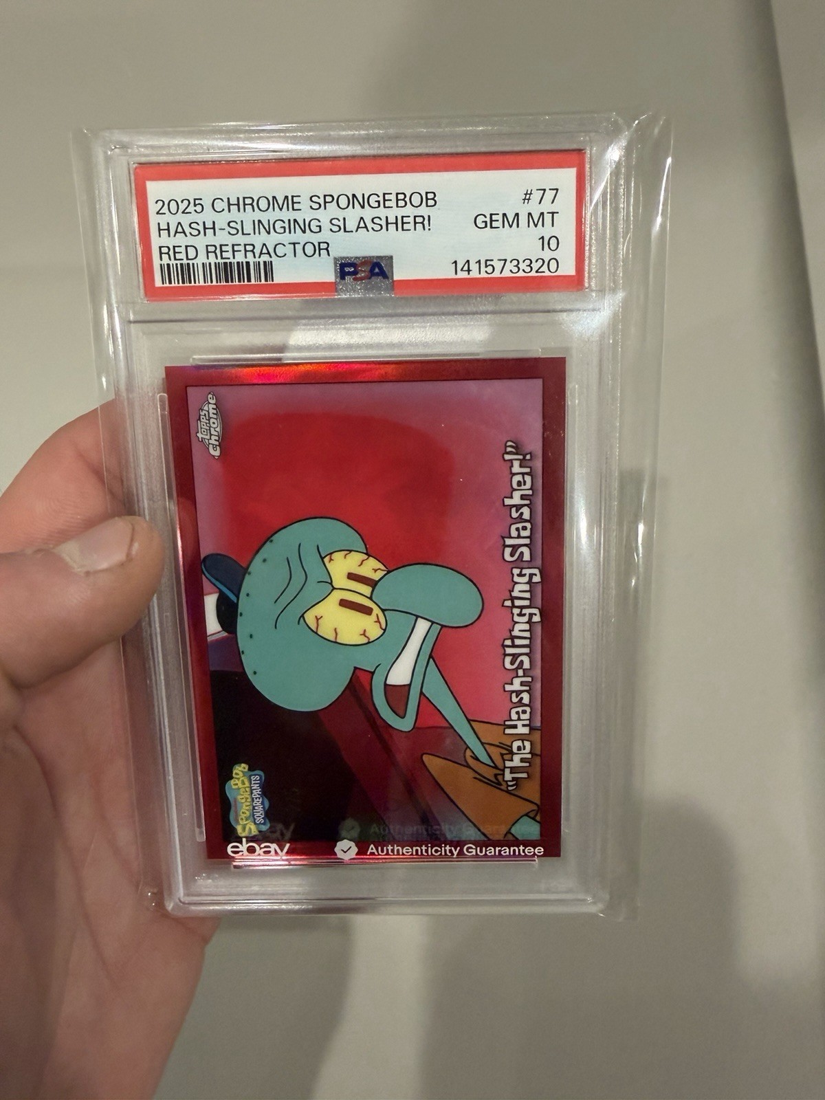 Topps 2025 Chrome SpongeBob Hash-Slinging Slasher #77 True Red 2/5 PSA 10