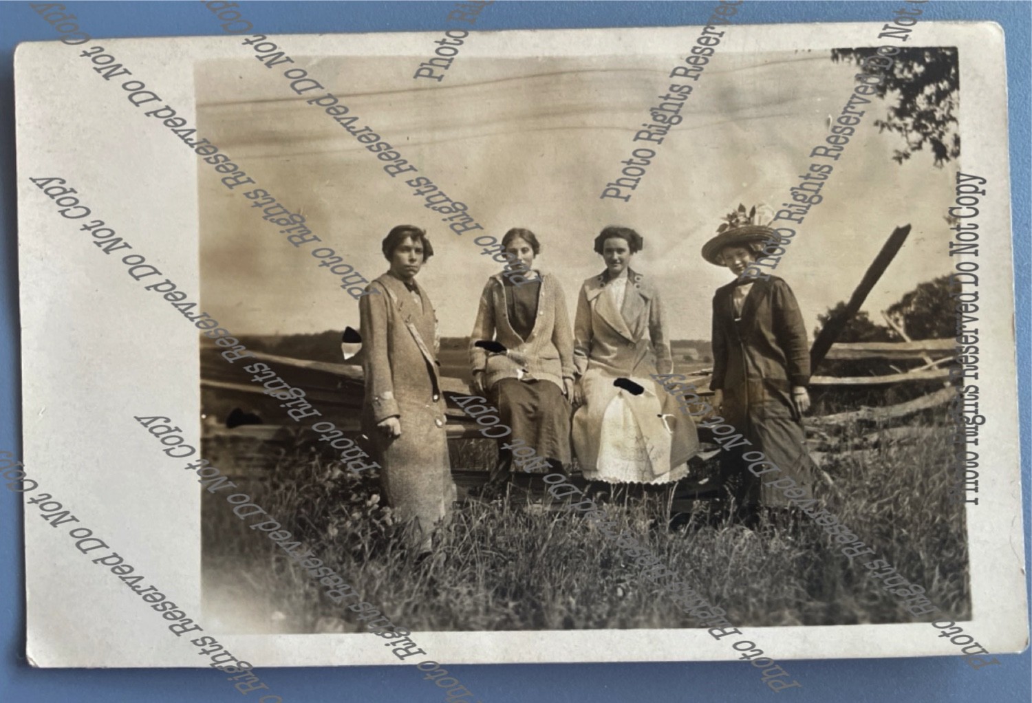Vintage RPPC 4 Edwardian Era Women on Fence Real Photo Postcard, As Is