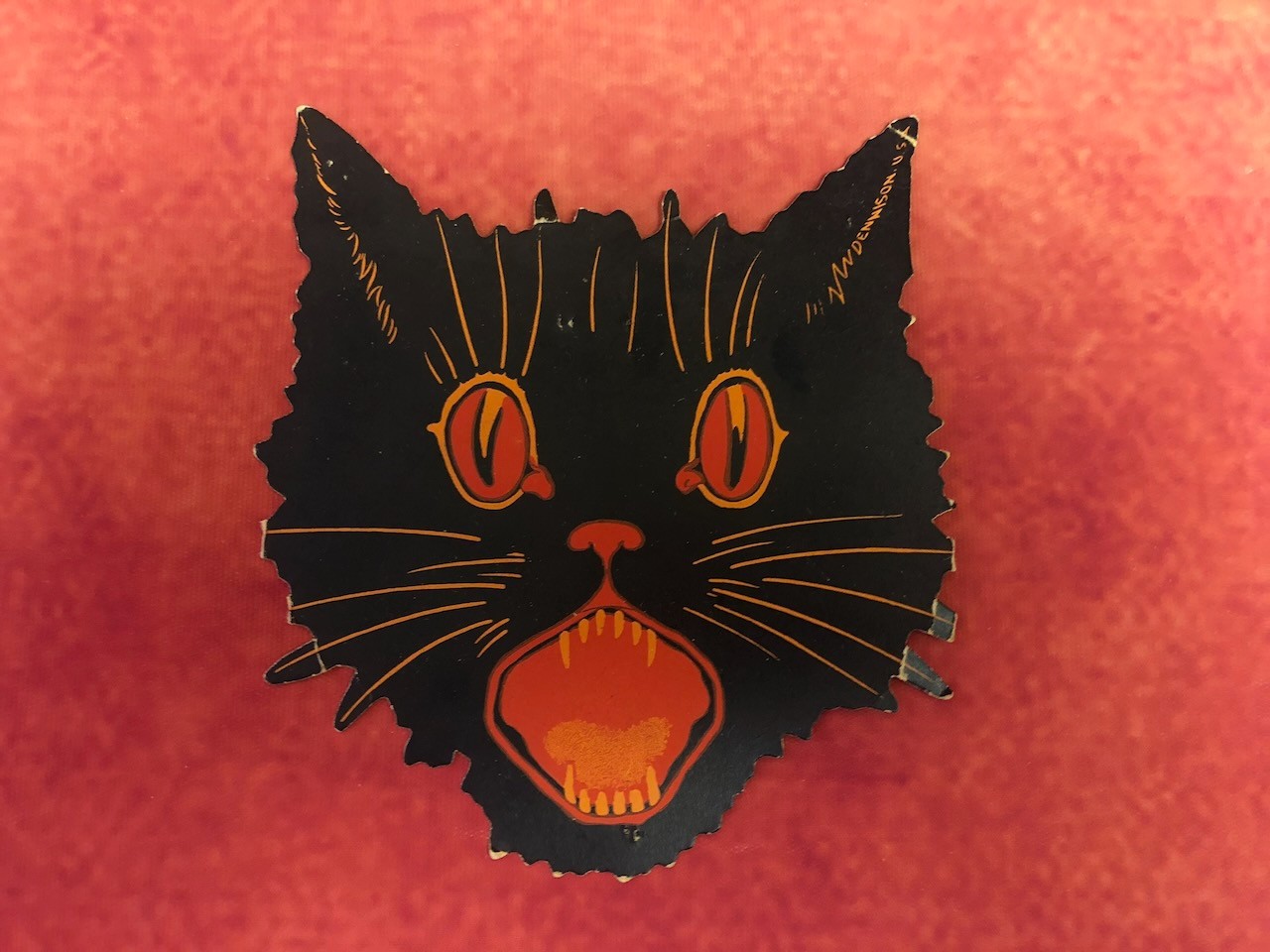 Vtg 1920s Dennison Halloween Growling Black Cat Diecut Paper Orange Eyes 5\