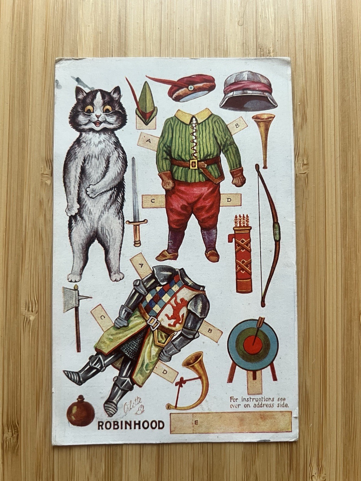 Antique Louis Wain Cat Postcard Robin Hood Tuck Oilette Dressing Dolls Uncut