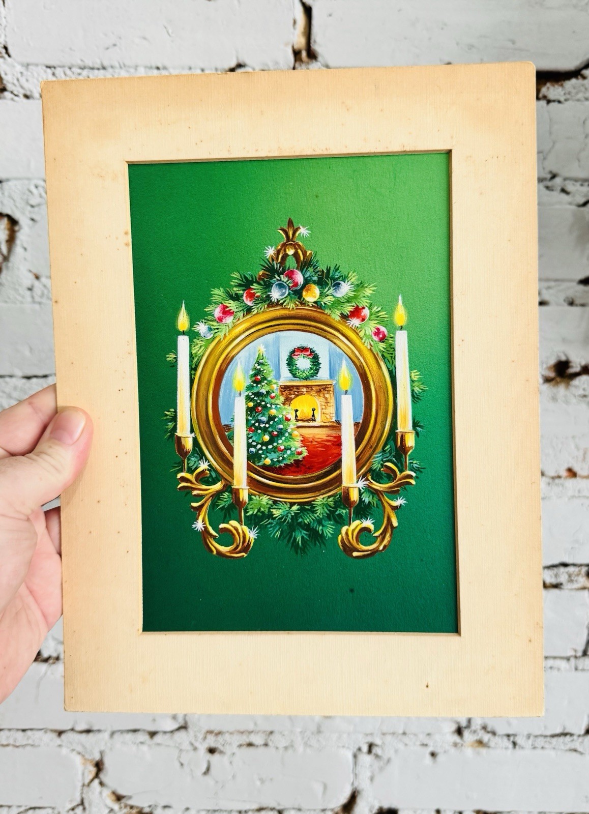 1968 Norcross Original Greeting Card Concept Painting Christmas Tree Fireplace