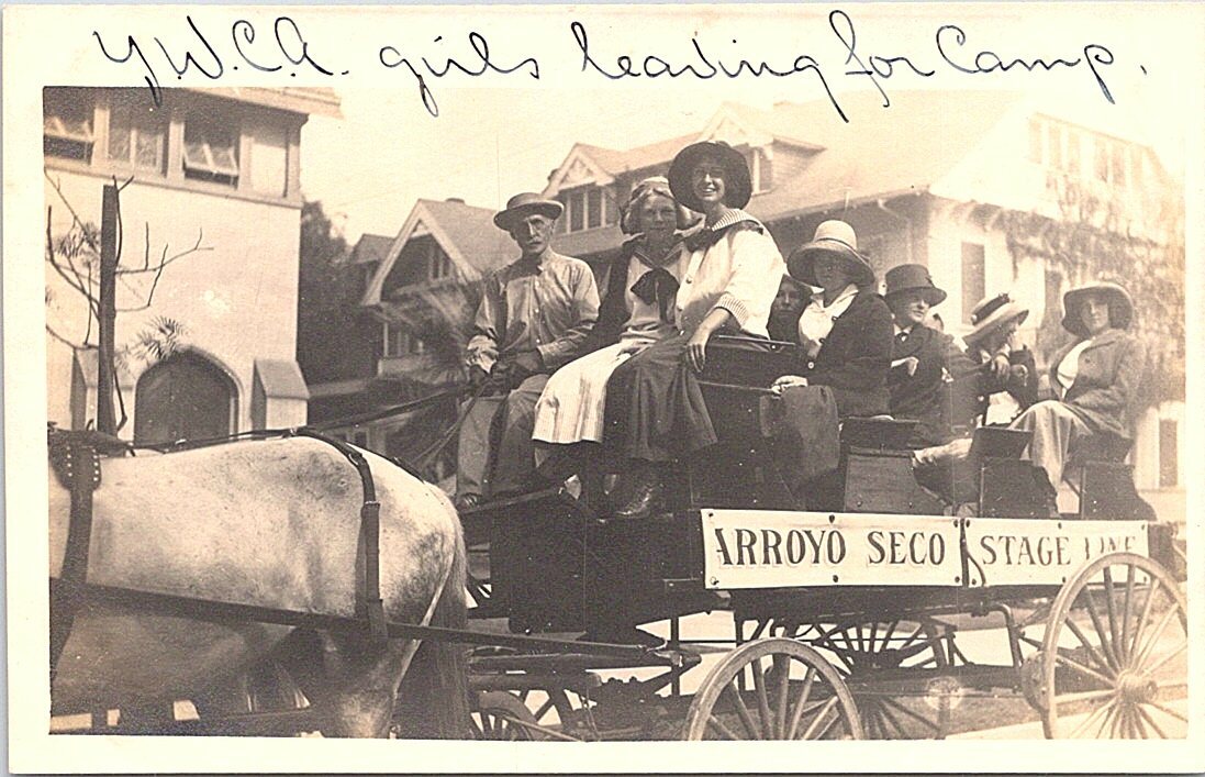 RPPC Pasadena California YWCA Girls leaving for Camp Arroyo Seco Stage 1910s