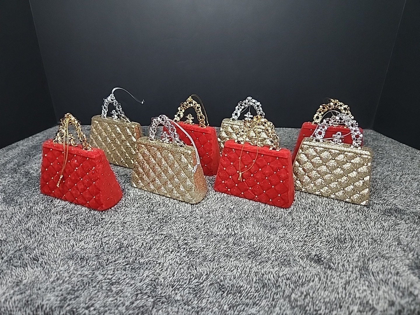 Red Velvet/Felt & Gold Glittery Purse Christmas Ornament Set Of 8