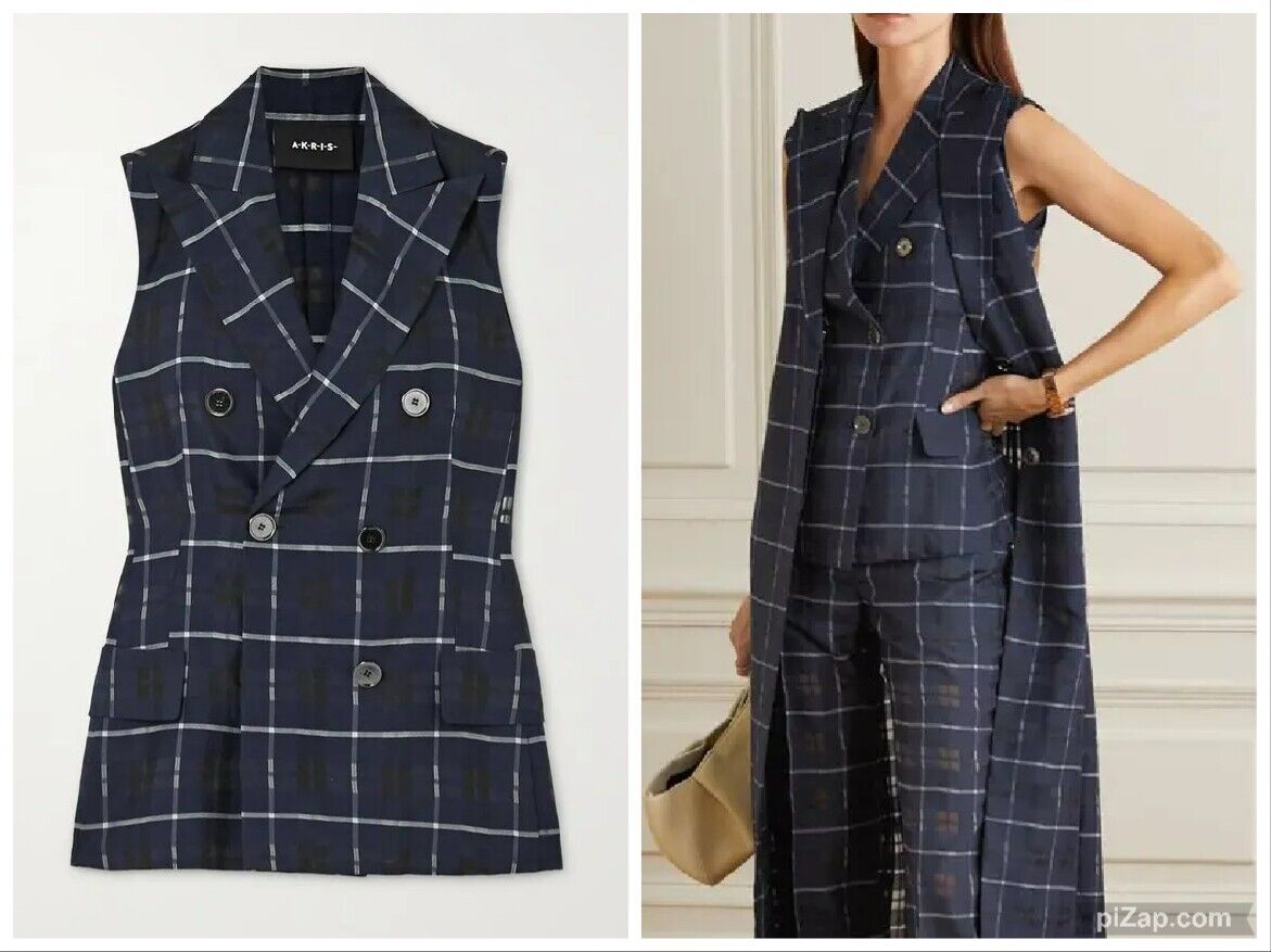 AKRIS  Gerno Double-Breasted Checked Cotton And Silk-Blend Vest - Blue 12 $1990