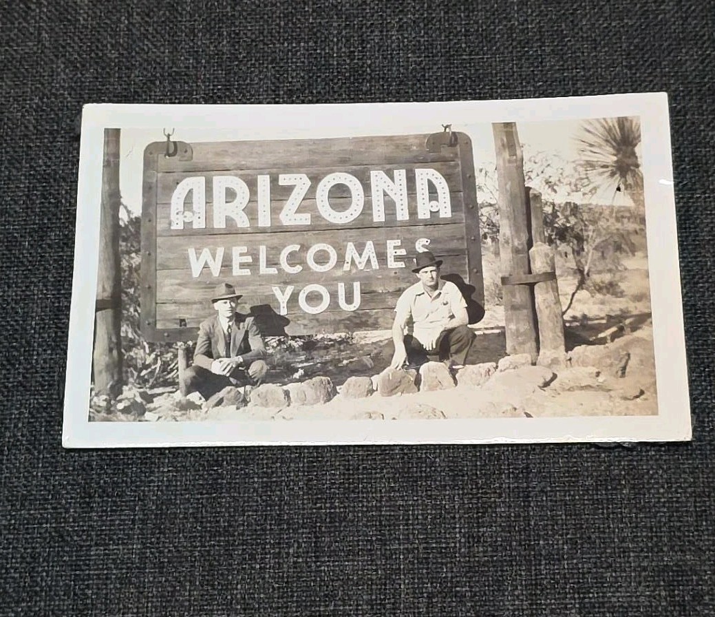 Vintage 1930s 1940s Arizona Welcomes You Roadside Sign Men Snapshot Photo