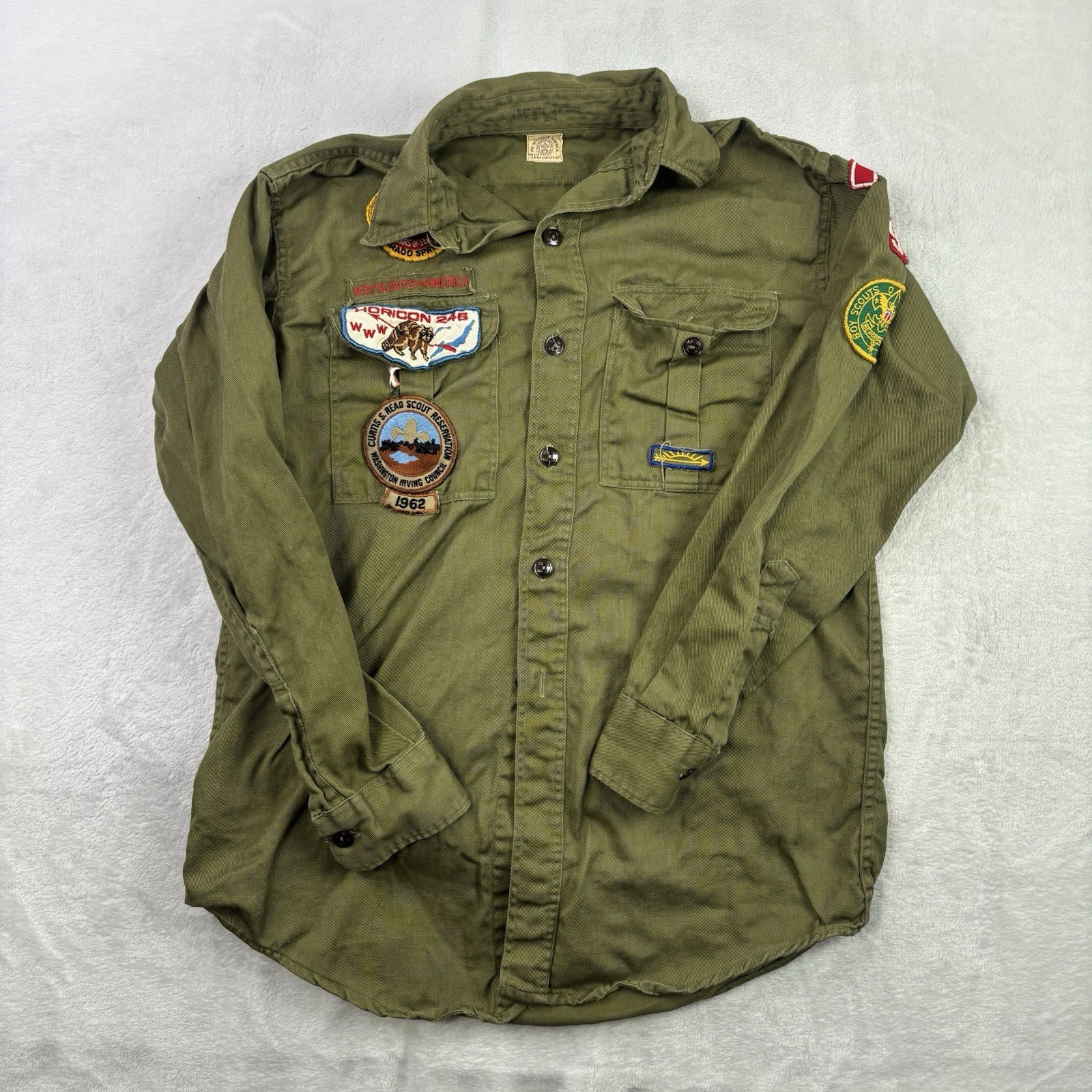 VTG 50s 60s Boy Scouts America BSA Green Button Up Shirt Uniform Arrows