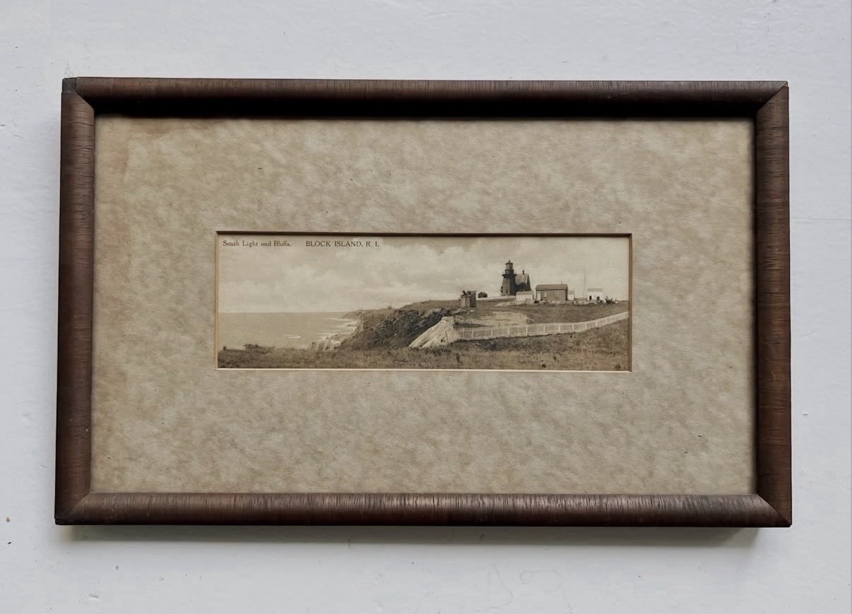 Antique Framed Panoramic Photo South Light House & Bluffs Block Island RI