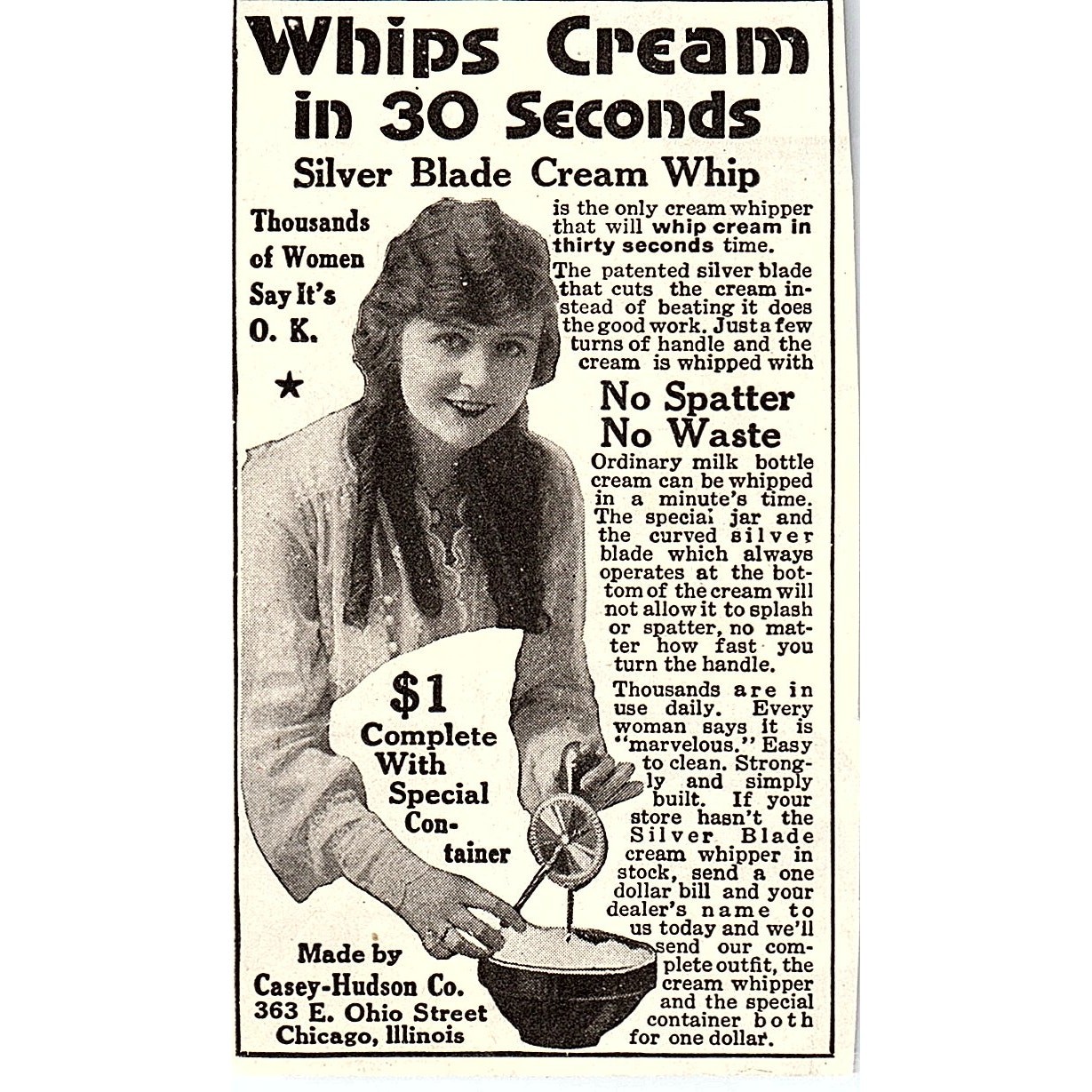  Casey-Hudson Co Silver Cream Whip Chicago 2x4 c1915 Ad AF6-M3