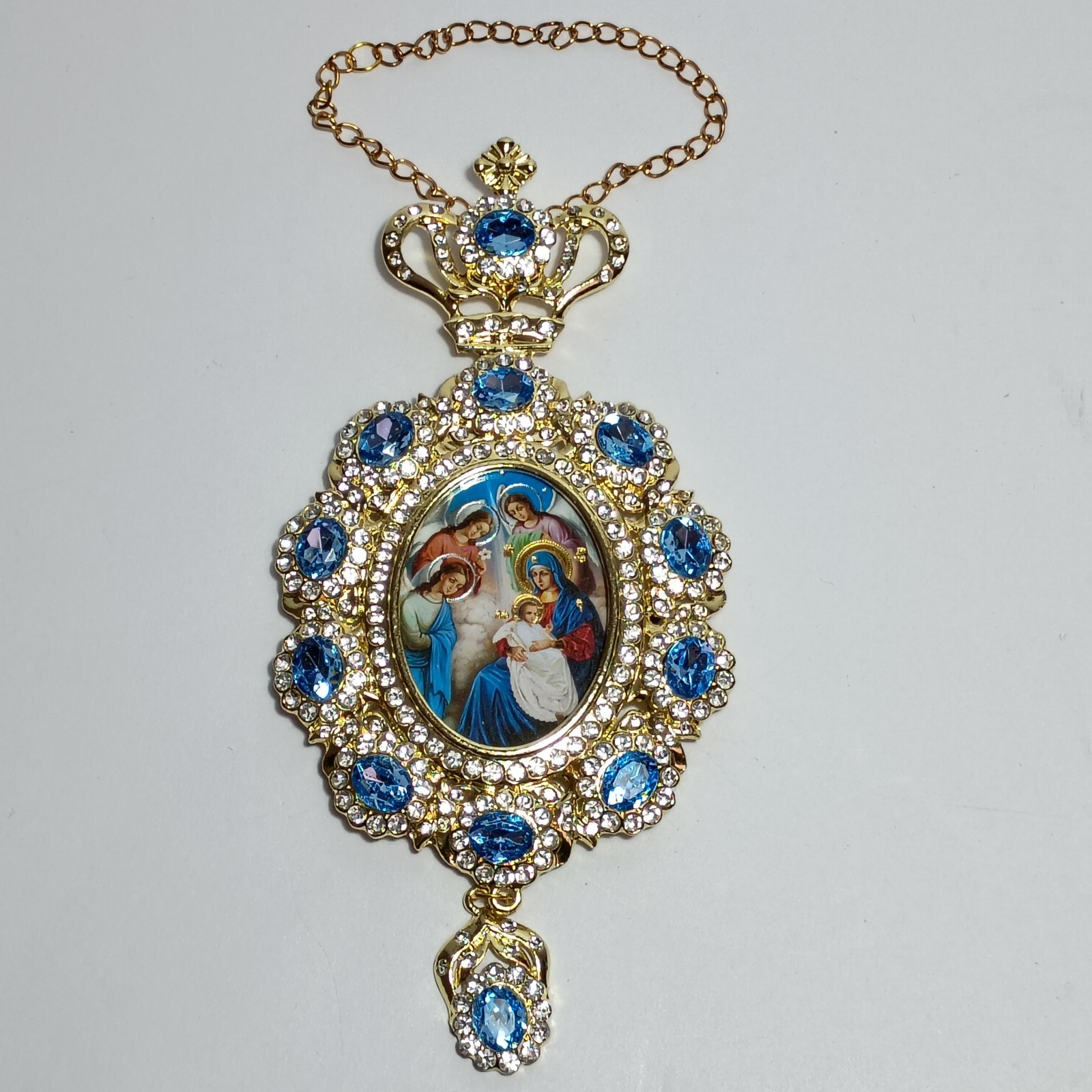 Religious Christmas Ornament Virgin Mary Jesus Rhinestone Blue Gold Tone Crown