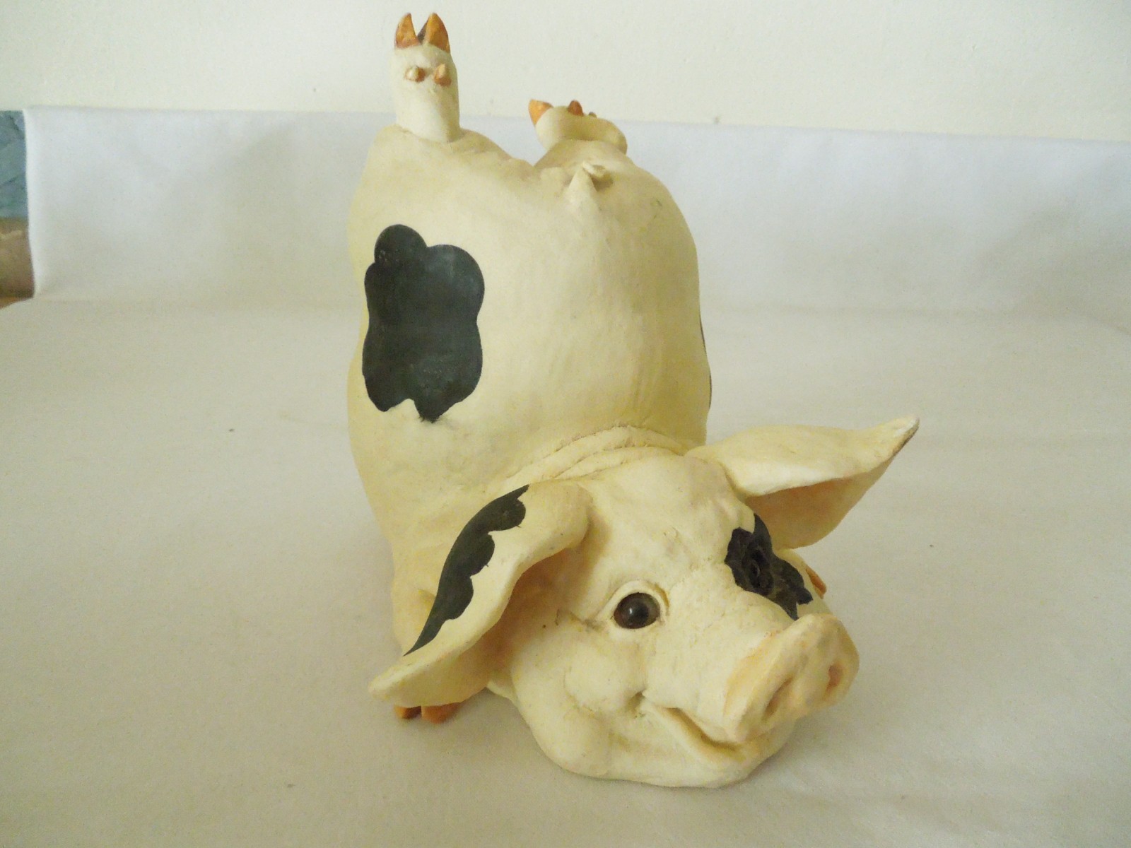Vintage Tumbling Pig Figurine Sealmark 2000 White & Black Resin 7