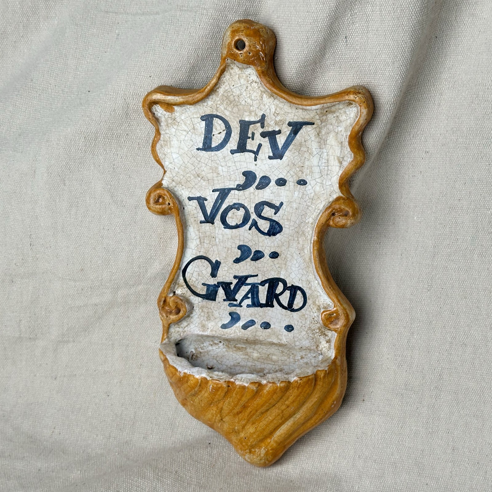 Antique French Faience Holy Water Font Benitier Dieu Vous Garde Folk Art 1800s