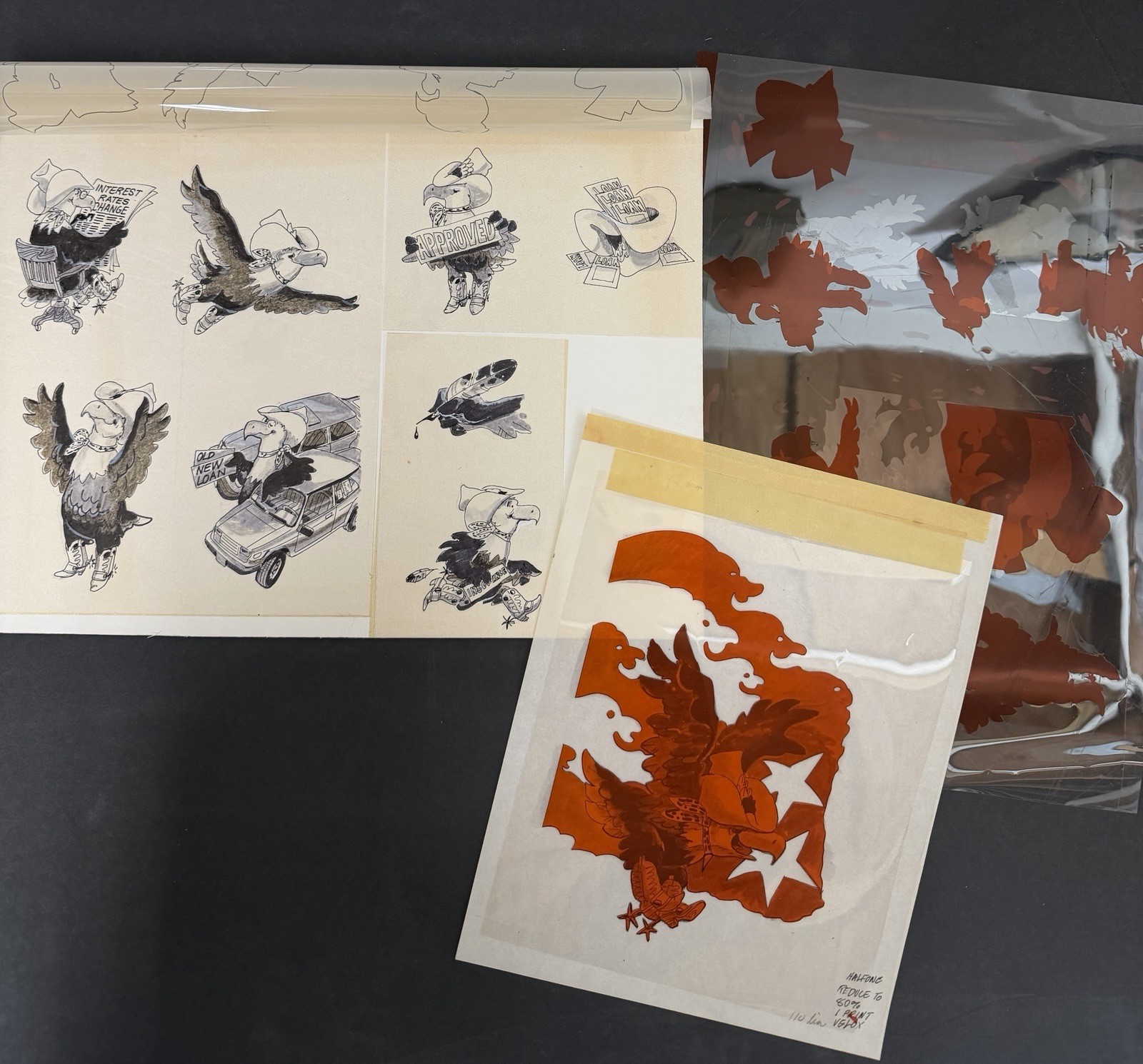Vintage Original Cowboy Eagle Advertising Illustration Art Animation Cels Lot