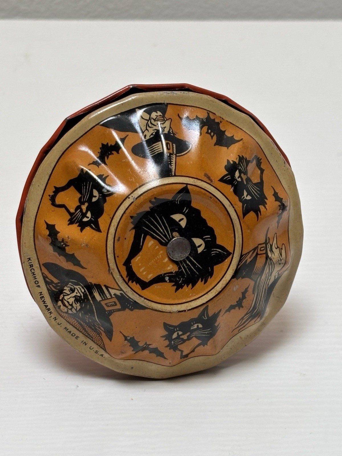 Vintage 1940s Kirchhoff Halloween Tin Litho Rattle Noisemaker Cat Witch