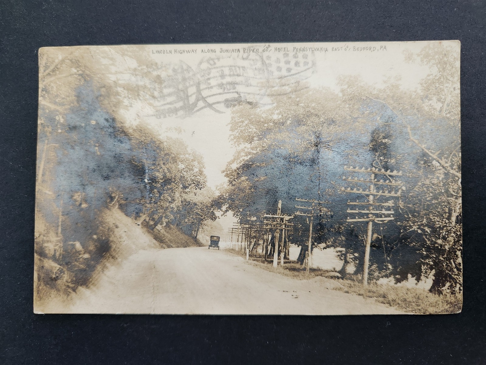 1923 antique PHOTO RPPC bedford pa LINCOLN HIGHWAY JUNIATA RIVER bedford pa CAR