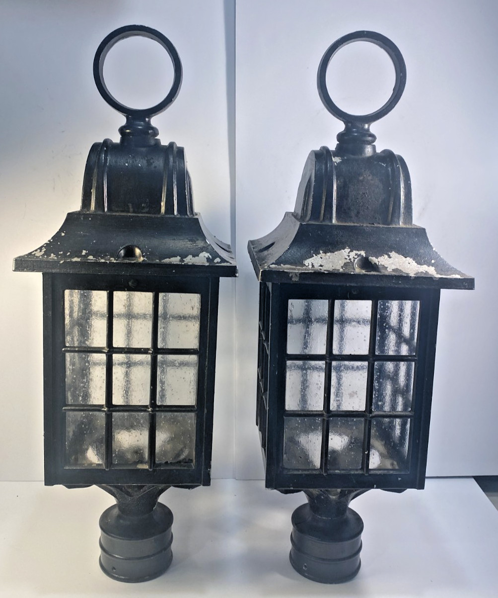 Lot of 2 Large Antique Cast Aluminum Metal Gas Post Lamps 24'' Tall by 7'' Wide