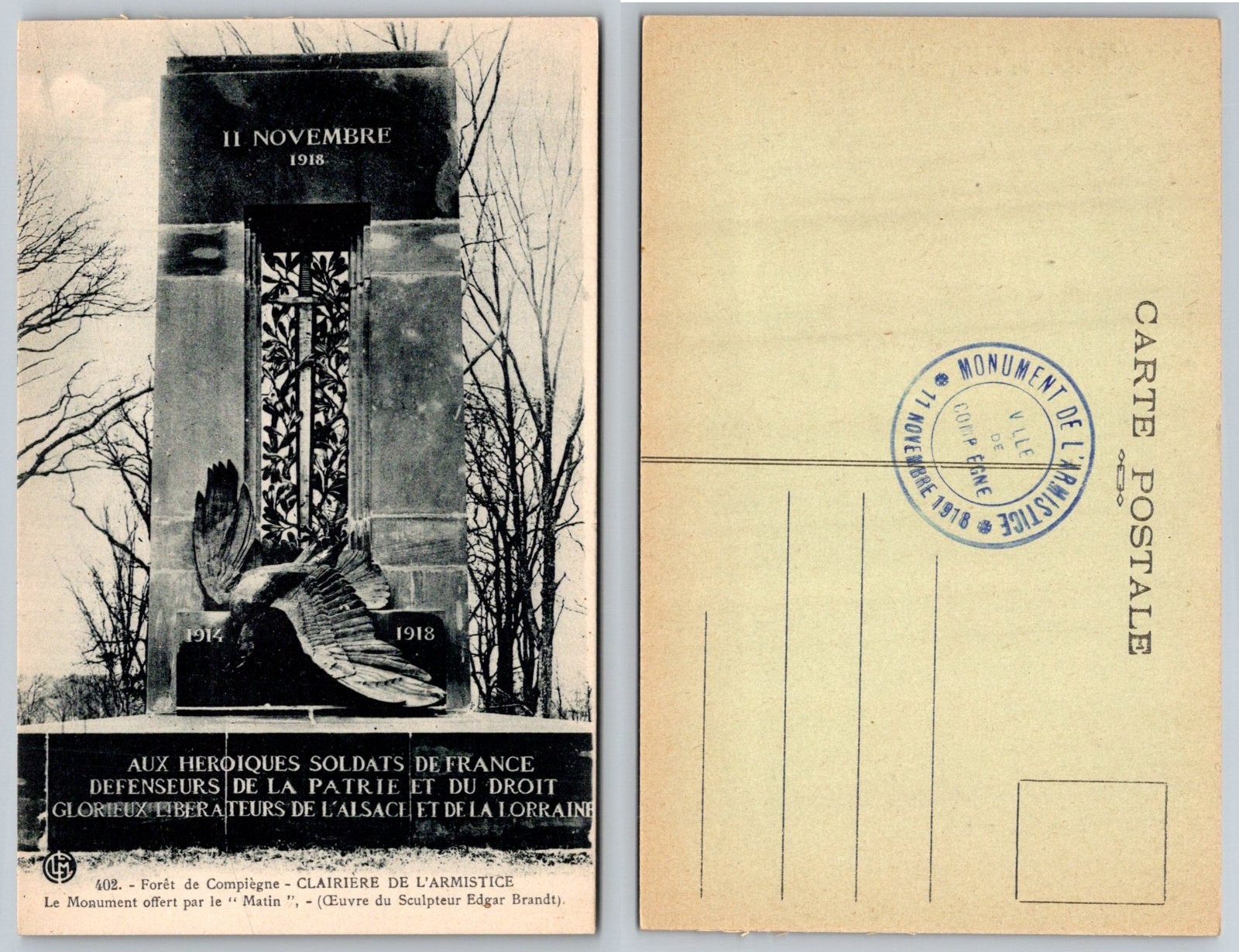 Standard Compiègne Armistice Monument France Postcard