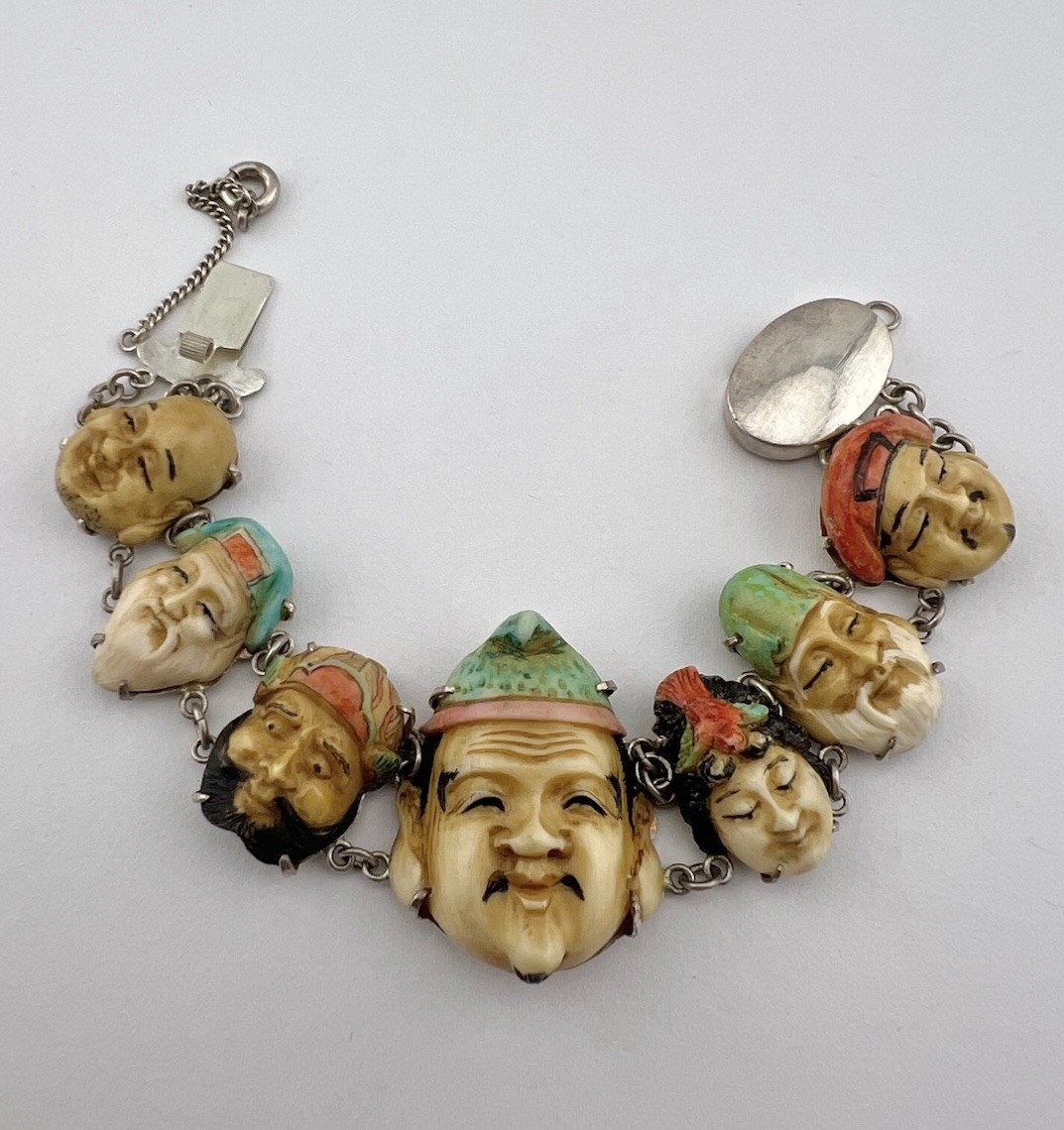 Vintage Japanese SILVER Toshikane Porcelain Seven Lucky Gods Link Bracelet