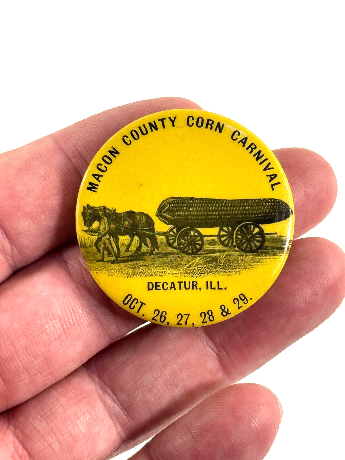 RARE 1898 Macon Corn Carnival PINBACK Exaggeration Decatur Illinois IL 
