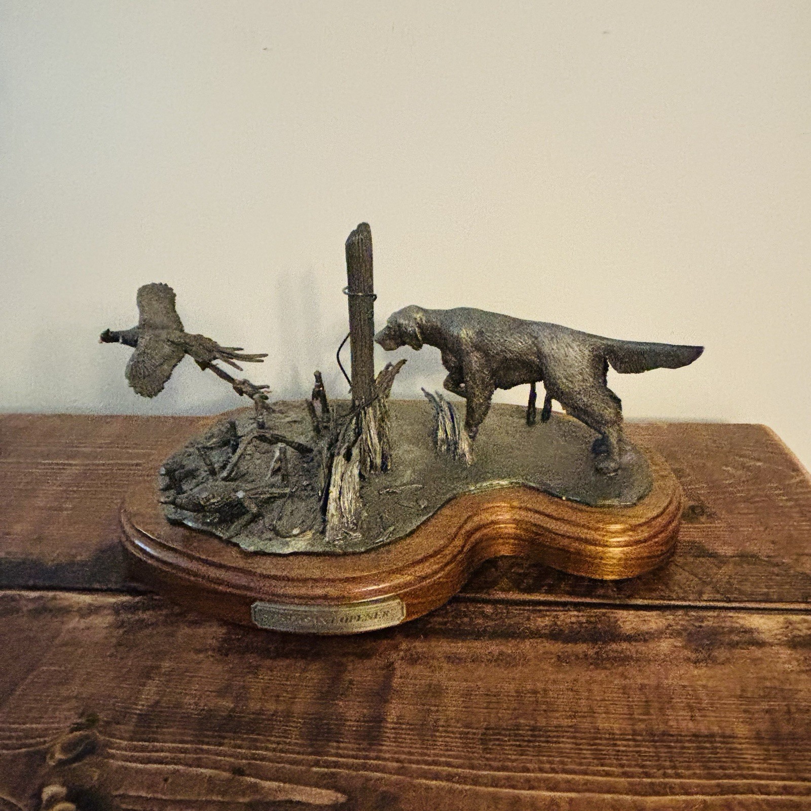 Leadfree Pewter Hunting Dog and Pheasant Scene on Wooden Base Chad Schmaltz