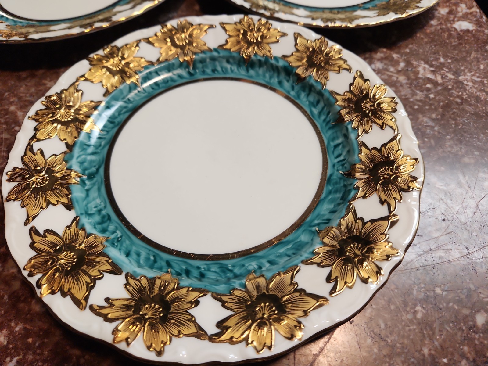 Vintage Waldershof Handmalerei Porcelain 22K Gold And Turquoise China