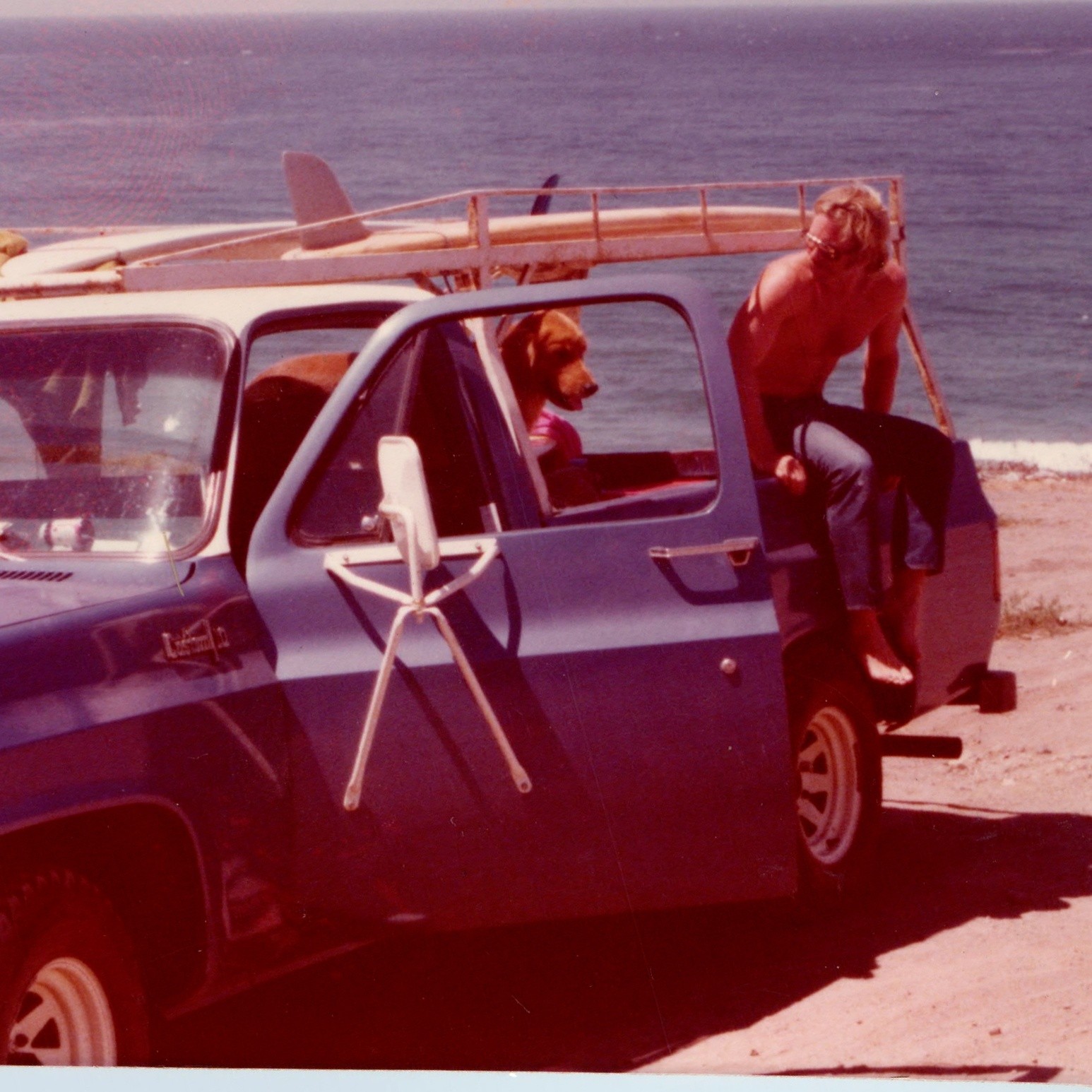 c1970s Chevy Custom Pickup Truck Surfboard Rack Snapshot Photo Surfer Beach Dog