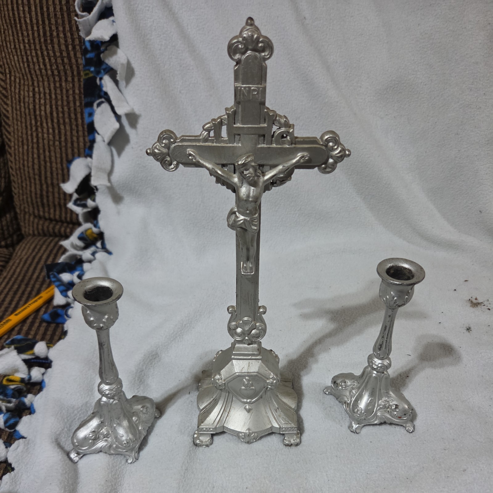Vintage Catholic Altar Set - Standing Crucifix Cross & candle sticks painted