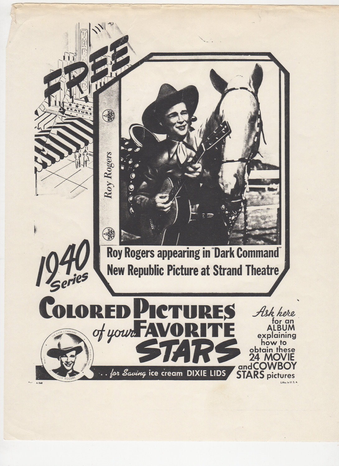 Copy 1935-1953 DIXIE CUP LID Premium Photograph Cowboy Western Movie Roy Rogers