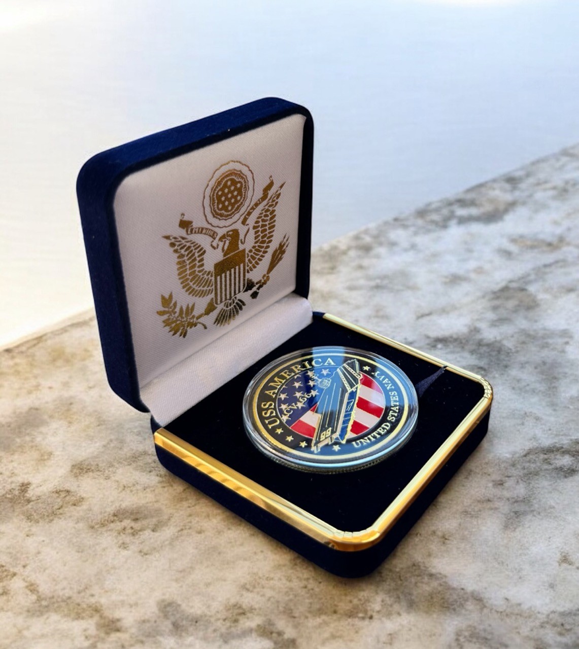 US NAVY - USS AMERICA CV-66 Challenge Coin in Blue Velvet Case ·NEW· ·GREAT GIFT