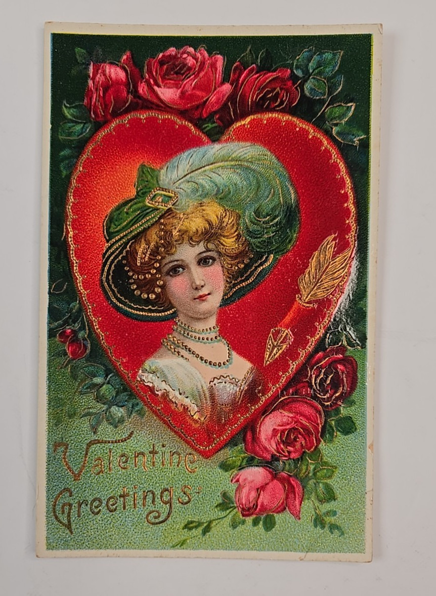 Postcard Victorian Valentine Greetings heart lady in feathered hat SEE