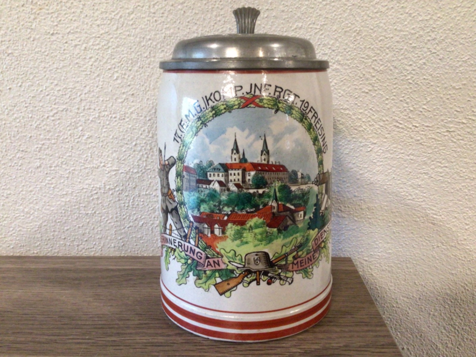 Original WWII German Machine Gunner Regimental Stein With Helmet on Lid & Named