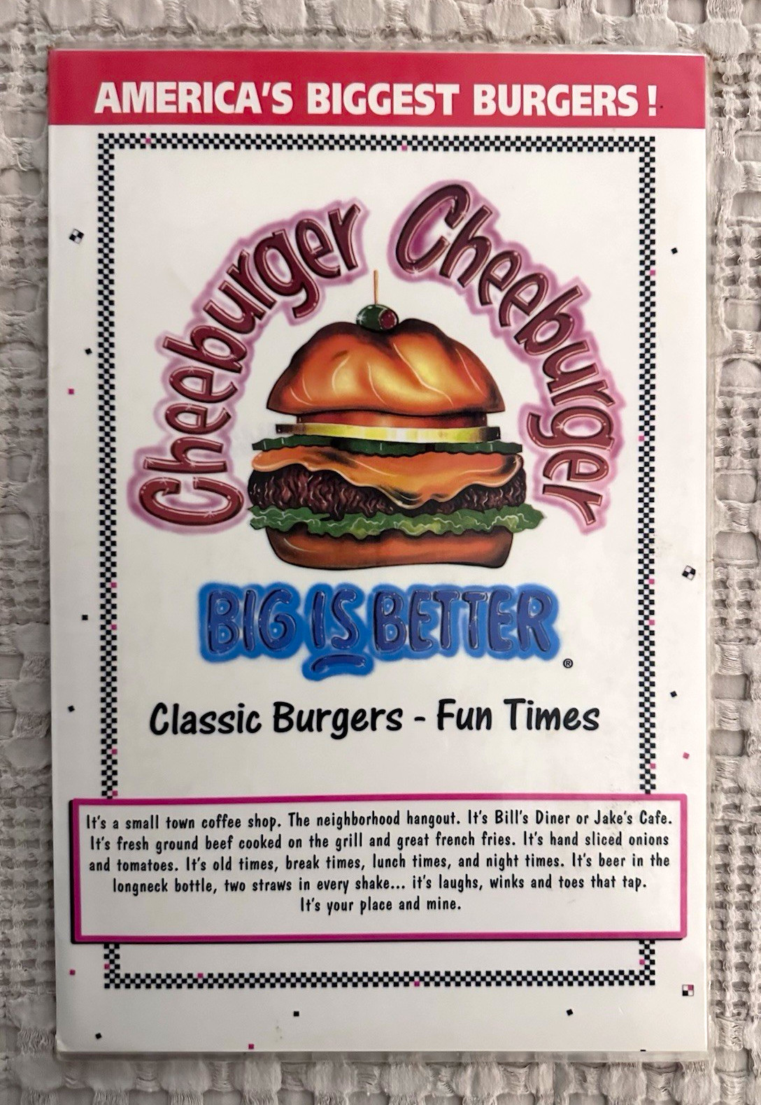 Vintage 1998 Cheeburger Menu Sanibel Island Ft Myers FL Diner 50s Style⁠