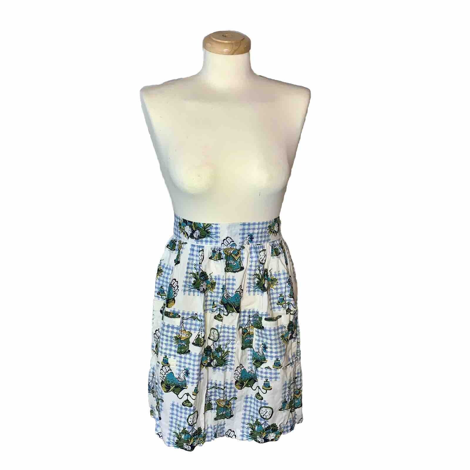 VTG 60s Handmade Half Apron w Pockets Chickens Scales Clock Print Cottagecore