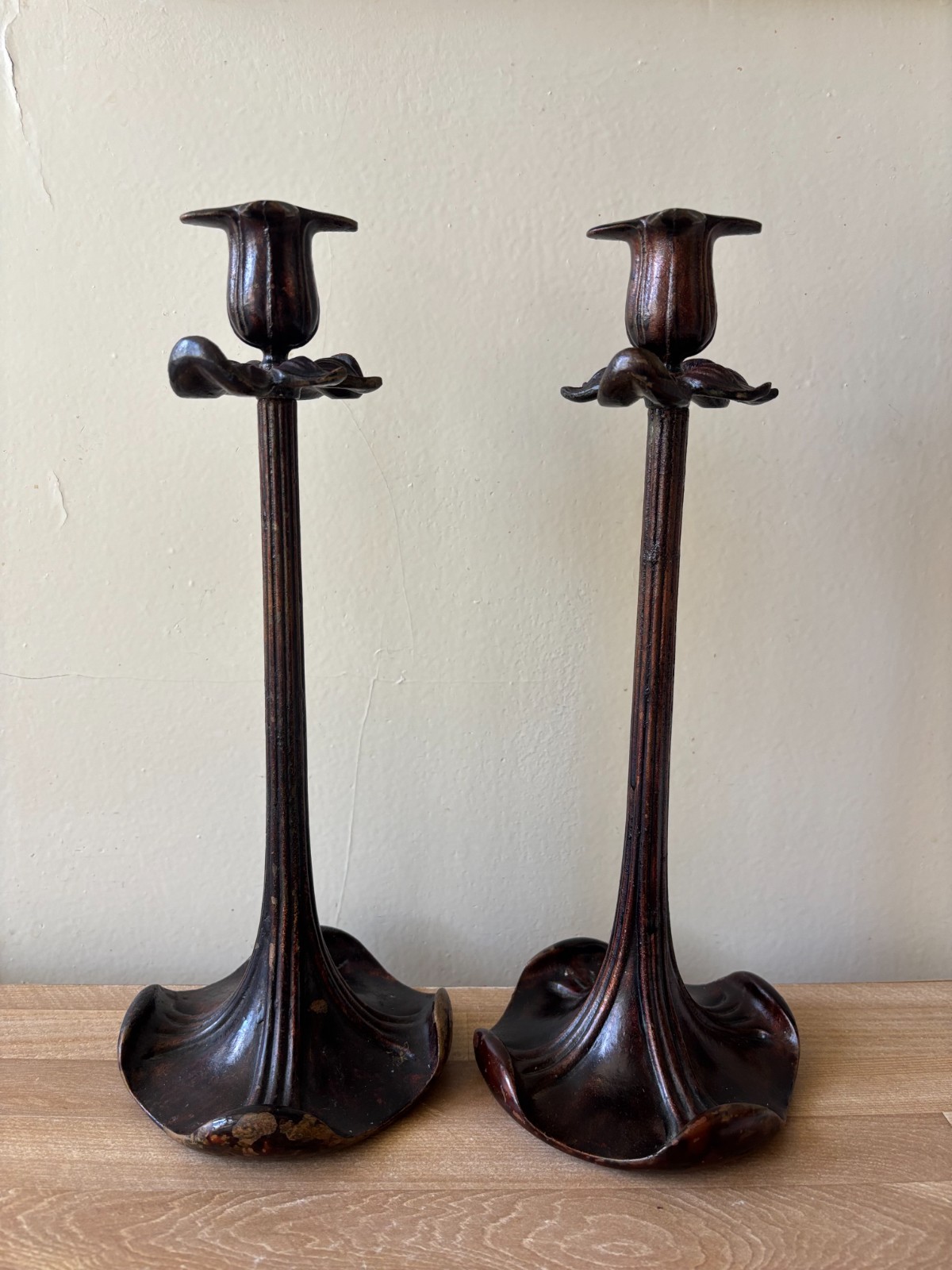 Lovely Pair French Patinated Solid Bronze Art Nouveau Candlesticks c. 1900