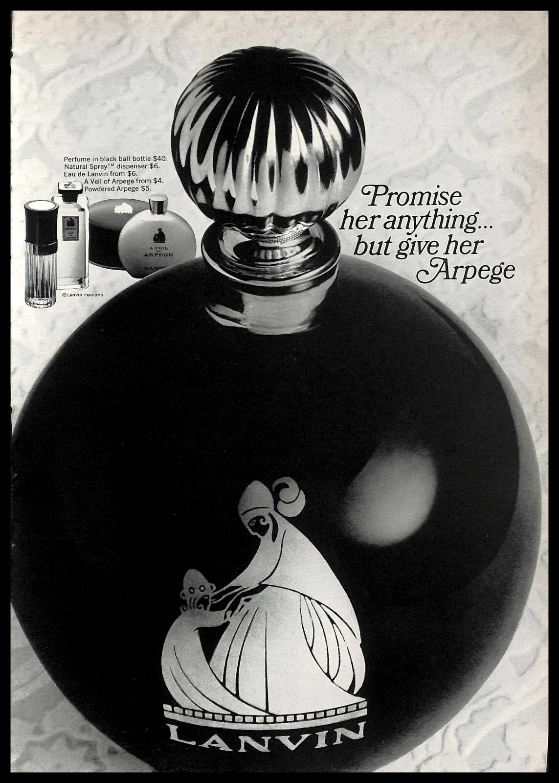1966 Lanvin Perfume Vintage PRINT AD Black Ball Bottle Fragrance