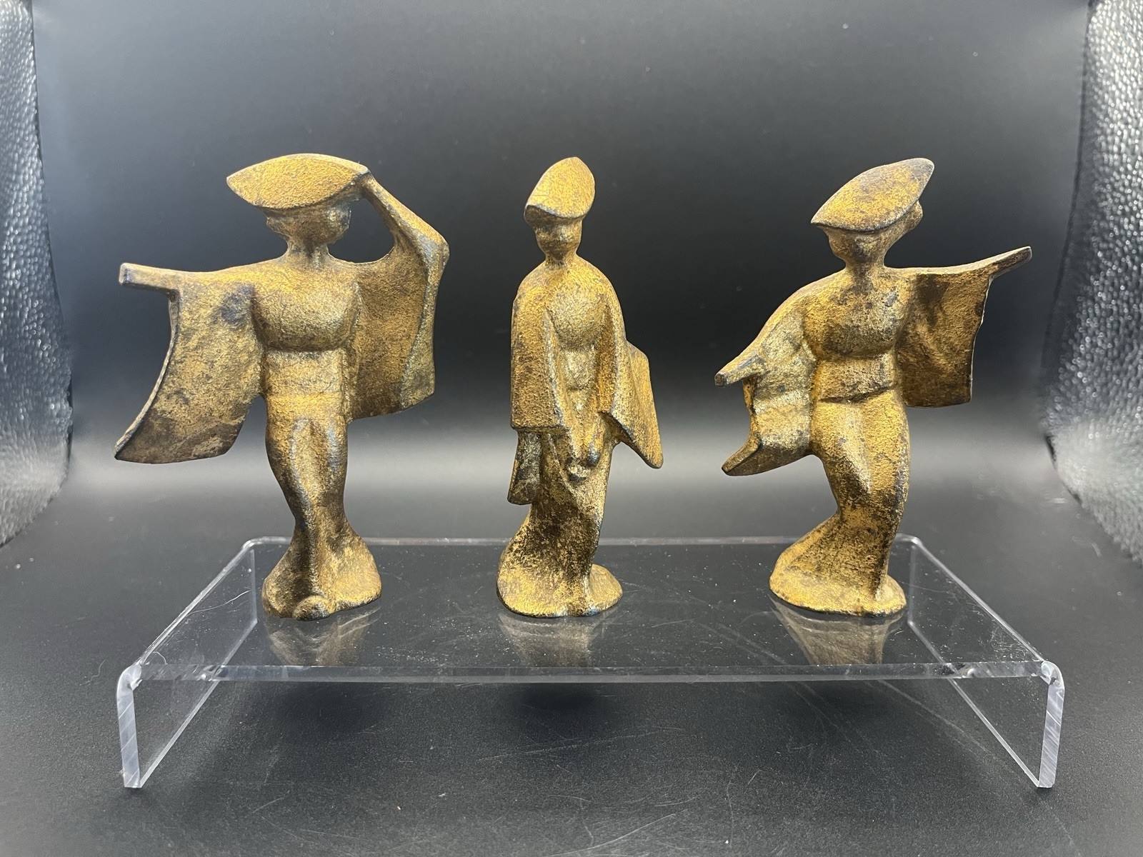 Vintage MCM Cast Metal Geisha Figurines, Gilted Gold Tone (Set of 3)