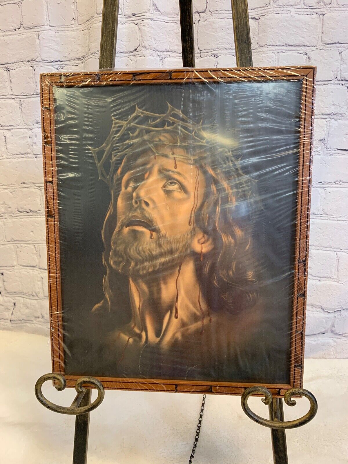 Vintage Framed Catholic Lithograph of The Divine Face Hand Made Wood Frame