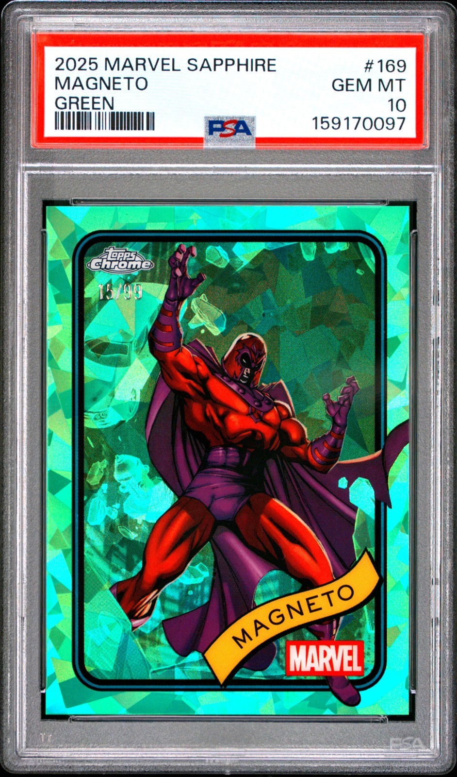 2025 Topps Chrome Marvel Sapphire Magneto Green Parallel /99 #169 PSA 10
