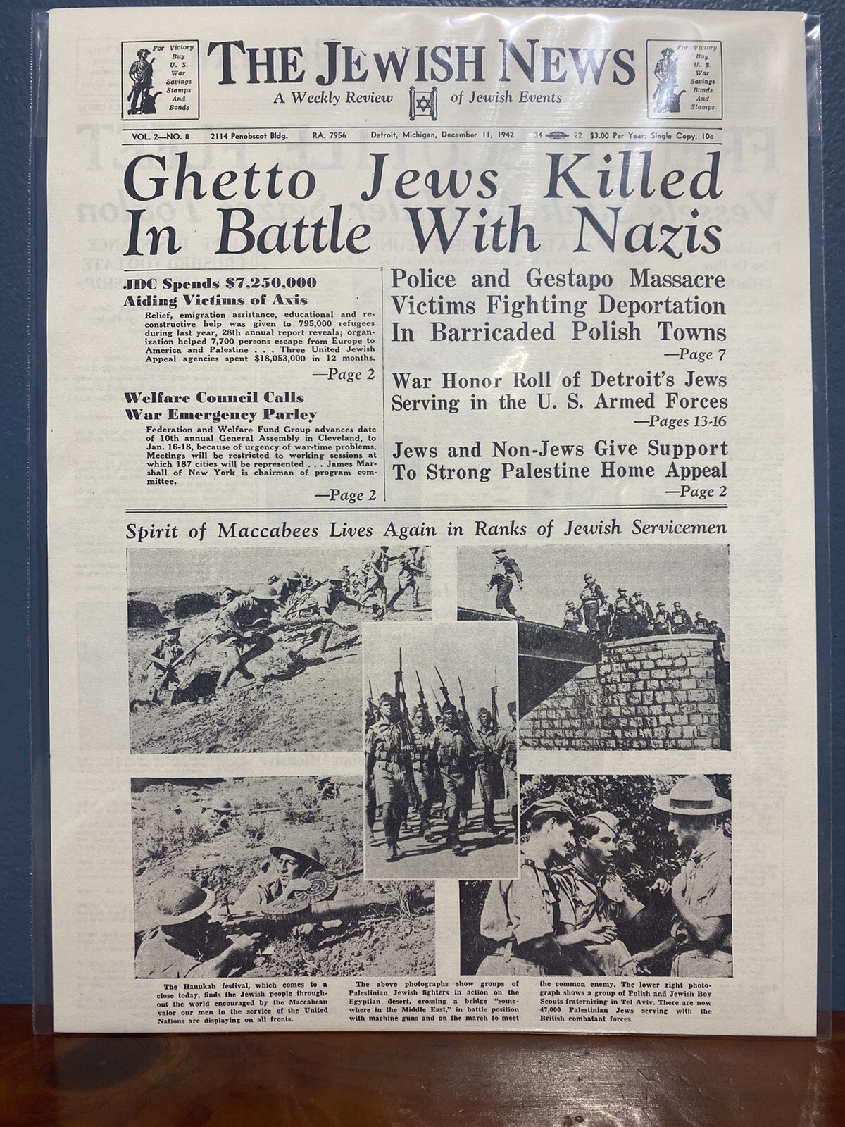 VINTAGE NEWSPAPER HEADLINE ~ GHETTO JEWS KILLED IN BATTLE WITH NAZIS 1942 WW2